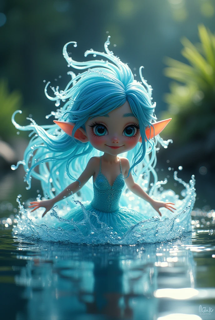 Nixie the Water Sprite's Riddle: "By the edge of a sparkling stream, a playful water sprite named Nixie splashes about. Her body is made of water, and she has a mischievous smile as she challenges Luna with a riddle." Prompt: A beautiful water sprite with a body made of clear, flowing water stands in a sparkling stream. She has a playful smile and is surrounded by glowing, blue-green water plants. The stream glistens under the magical lights of the forest, and the sprite looks towards Luna, teasing her with a riddle.