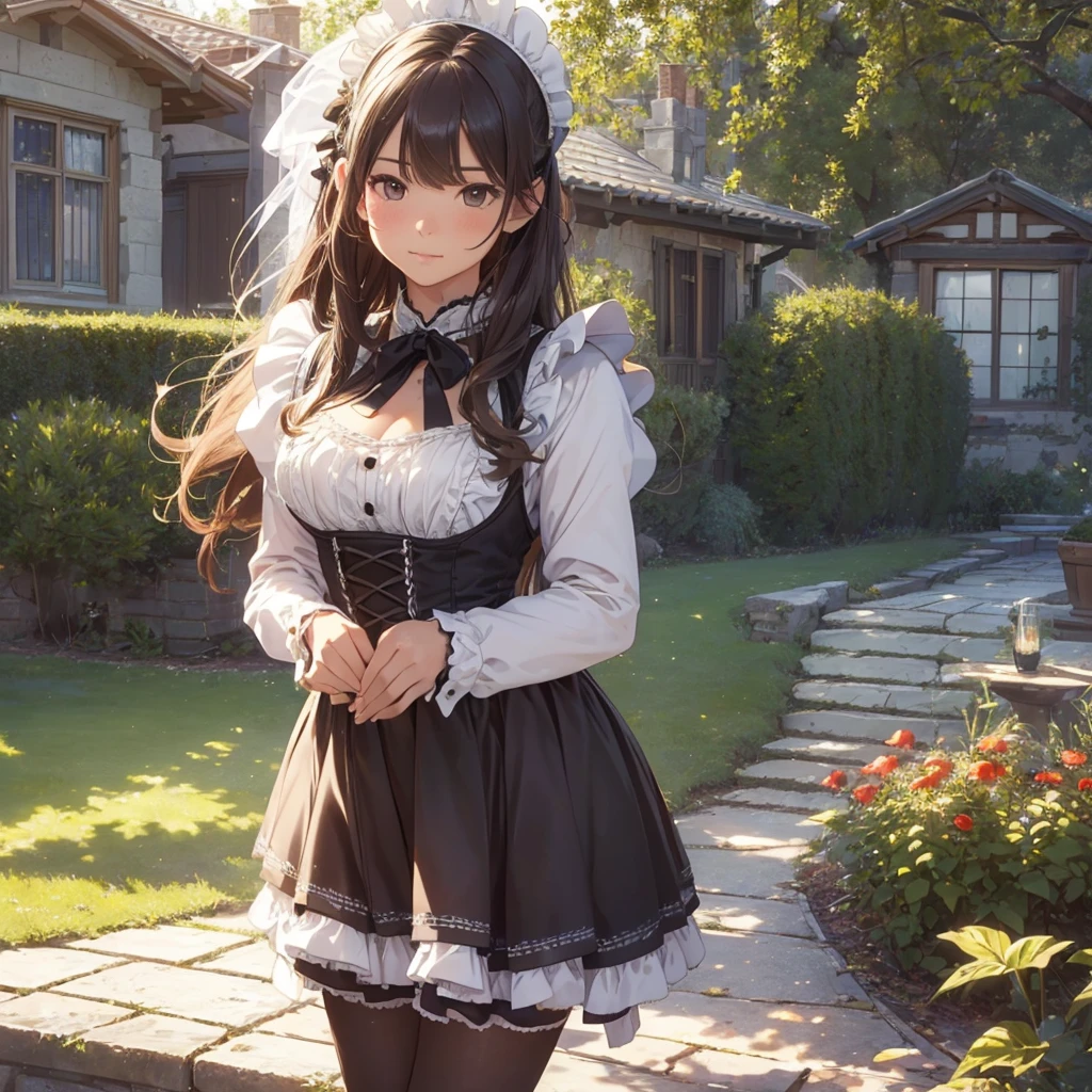 masterpieces,best quality,(ultra_detailed),3D,(realistic:1.9),(photorealistic:1.9),(light falloff at edges:1.9),shallow depth of field,sensual girl,in garden,at morning,western‐style house in the background,plump,(brown _pantyhose,)wavy long hair,built bangs,drooping eyes,wide-set eyes,lovely round eyes,looking away,round face, (maid costume),