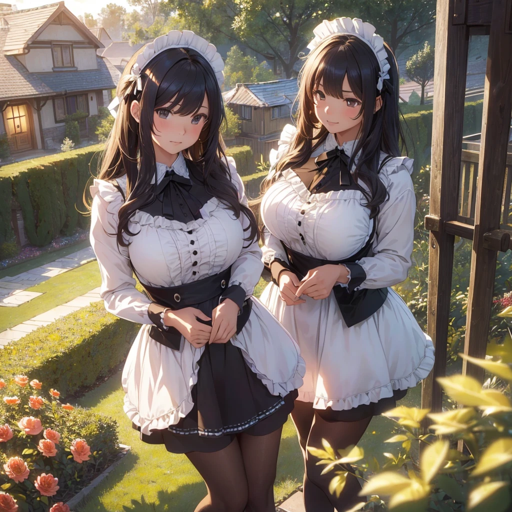 masterpieces,best quality,(ultra_detailed),3D,(realistic:1.9),(photorealistic:1.9),(light falloff at edges:1.9),shallow depth of field,sensual girl,in garden,at morning,western‐style house in the background,plump,(brown _pantyhose,)wavy long hair,built bangs,drooping eyes,wide-set eyes,lovely round eyes,looking away,round face, (maid costume),