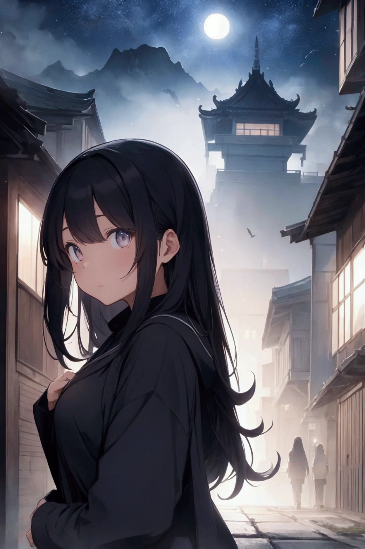 The poster features Arisa, the main character, standing at the forefront with a determined expression. She is dressed in her navy blue sweater and black student skirt, with her long black hair flowing slightly as if caught by a gentle breeze. Arisa holds a stack of old, weathered documents tightly in one hand, while the other hand is slightly outstretched as if reaching towards the viewer or the mysterious elements surrounding her.

Behind Arisa, the main building of Mae Fah Luang University looms large, its modern, conventional architecture bathed in the eerie glow of the setting or rising sun. The sky above is dark and overcast, with heavy clouds swirling, creating a foreboding atmosphere. Mysterious, glowing cryptic symbols can be faintly seen on the walls and ground around her, pulsing with a soft, ethereal light that hints at the hidden secrets of the university.

In the background, shadowy figures dressed in dark, hooded robes lurk, their faces obscured, adding an element of danger and mystery. The mist from the surrounding mountains rolls in, partially veiling the scene and enhancing the overall sense of suspense.  The overall color palette is dark and moody, with hints of blue and gold to highlight Arisa and the mysterious elements surrounding her.