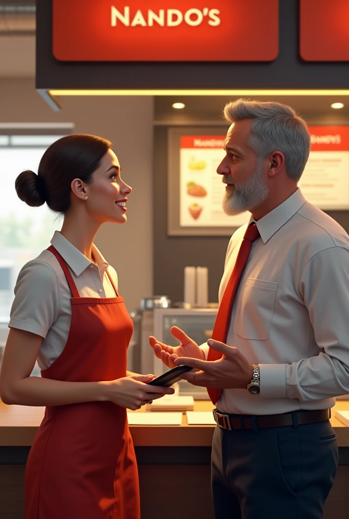 Nando's restaurant waitress talking with restaurant manager male
