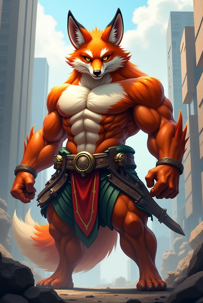 Create a mascot for the architecture and urban planning team, uma raposa, must be strong and fierce, big fit ass, brawny, Coraggioso
