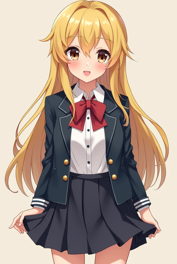 A girl named Raphaela in a blonde school uniform with dark brown eyes and who has medium-sized tits and a medium-sized butt