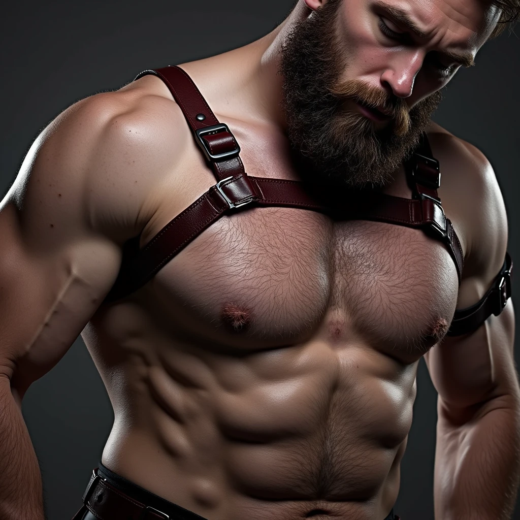 Studio photography of a strong hairy man wearing red leather harness, high resolution photo, sensual gay