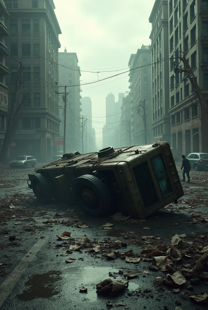 Truck overturned in the middle of the zombie apocalypse city