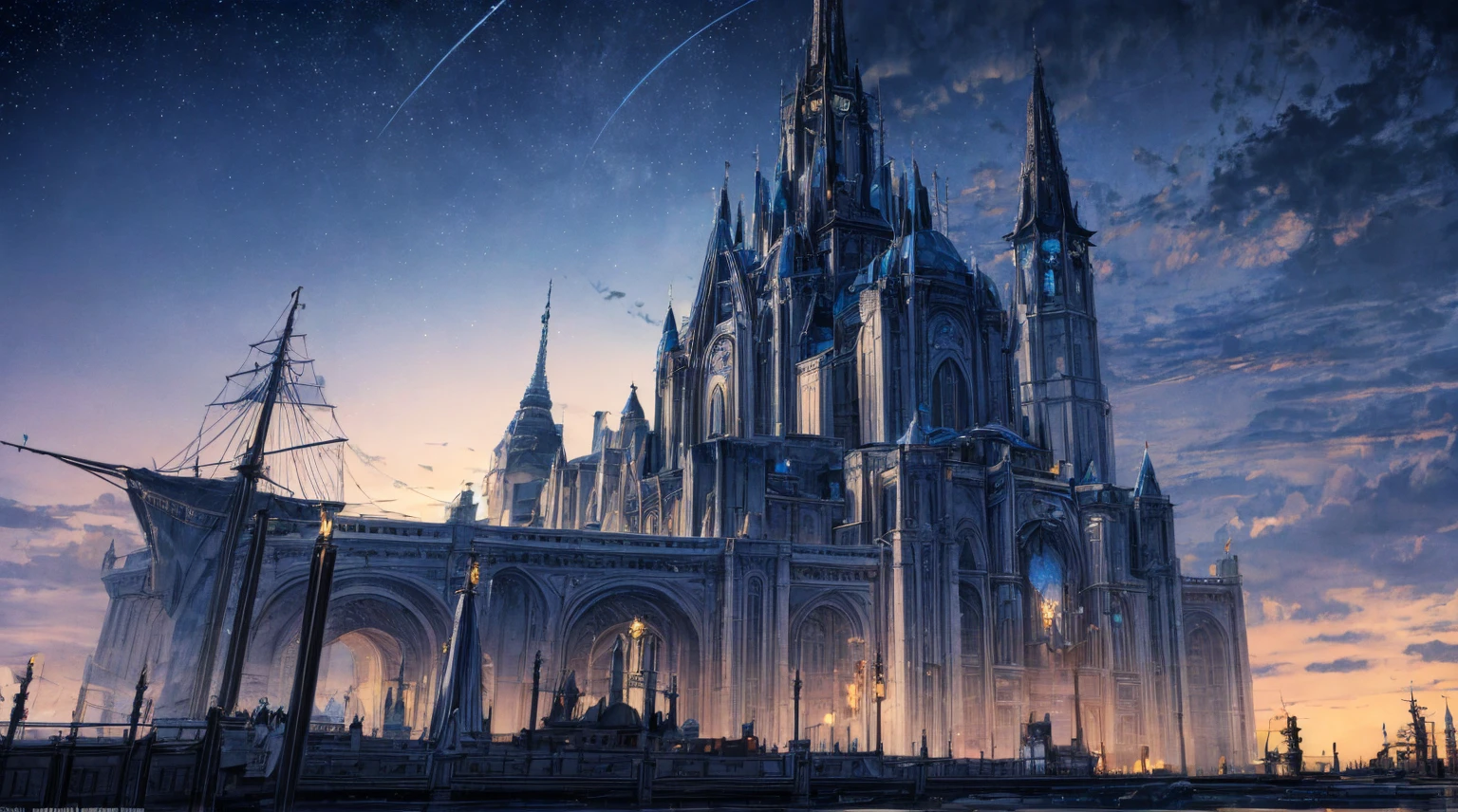 Masterpiece, high detail, 8K resolution, ConceptArt, scenery, black palace in distance, black medieval city, night sky, open sea port with ships, multiple people wearing medieval attire in distance walking, beautiful, dazzling stars,