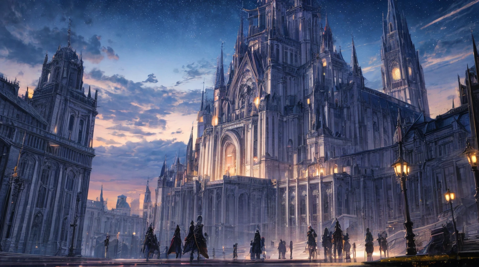 Masterpiece, high detail, 8K resolution, ConceptArt, scenery, black palace  in distance, black medieval city, night sky, open sea port with ships, multiple people wearing medieval attire in distance walking, beautiful, dazzling stars,
