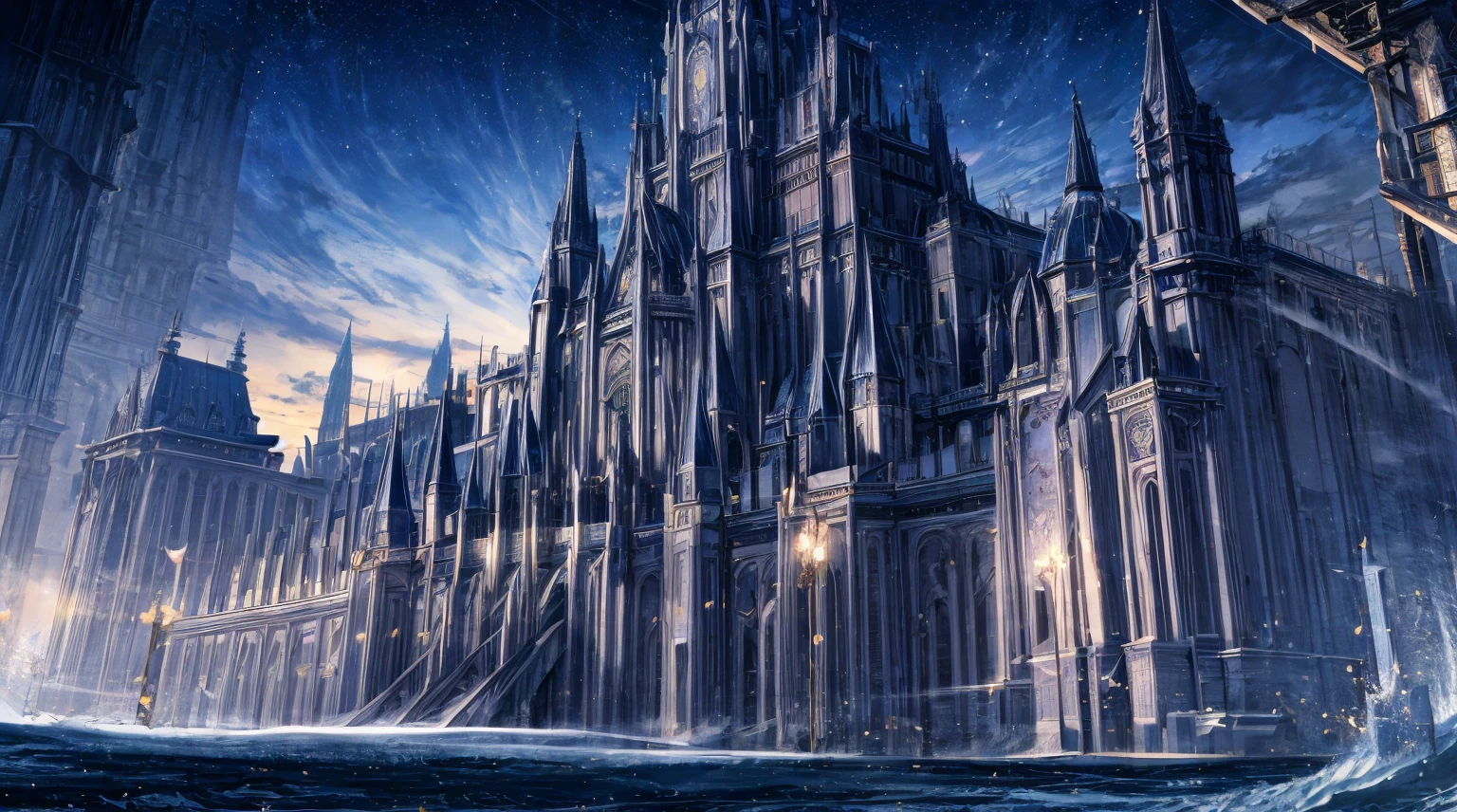 Masterpiece, high detail, 8K resolution, ConceptArt, scenery, black palace in distance, black medieval city, night sky, open sea port with ships, multiple people wearing medieval attire in distance walking, beautiful, dazzling stars,