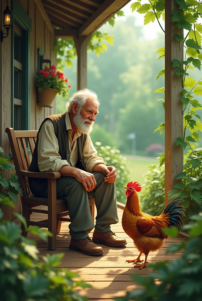 An old man sat on the porch watching cucumbers play with chickens