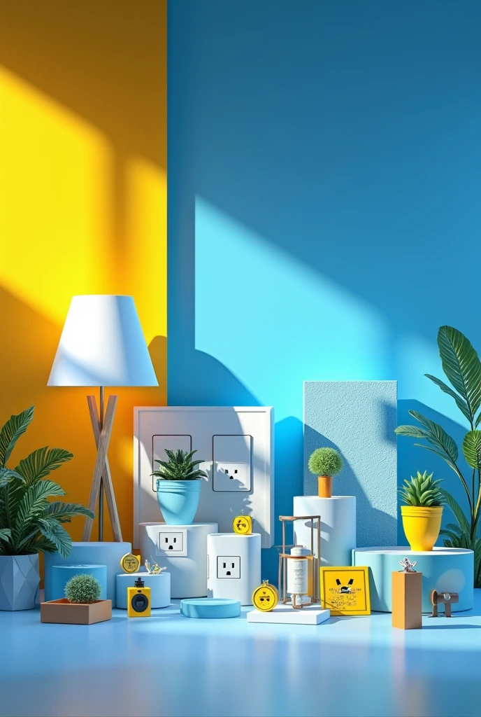 an advertising image for the Max Eletrica store in Picos Piaui, lamp work, sockets and electrical materials in general, so that it contains shades of blue and yellow
