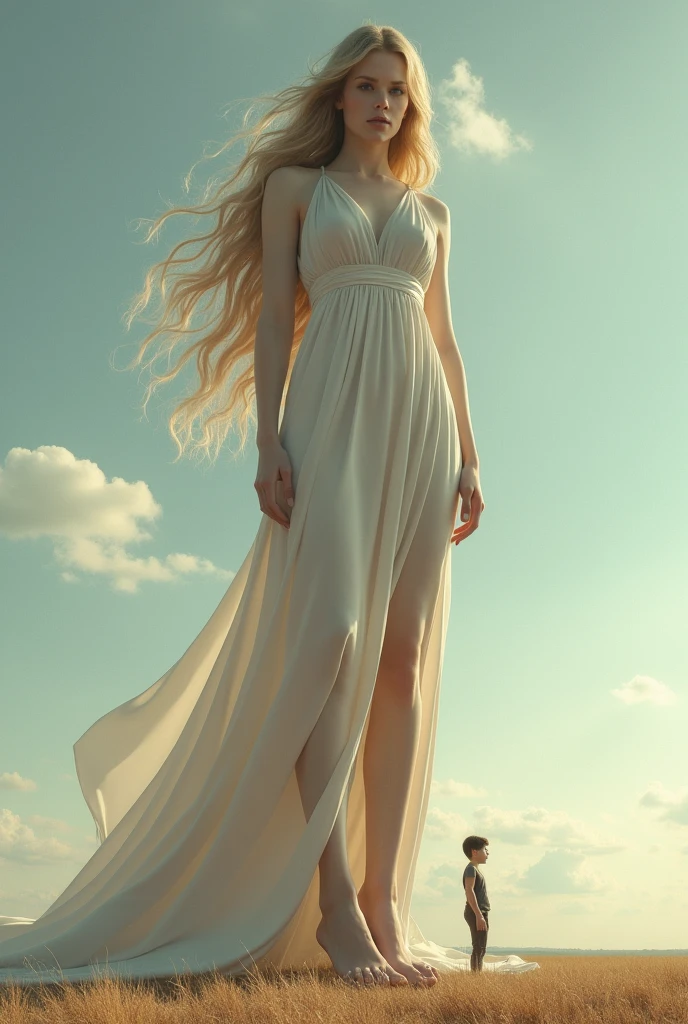 Pretty giant woman who is 15 meters tall. She puts her giant toe of her foot in a man's mouth