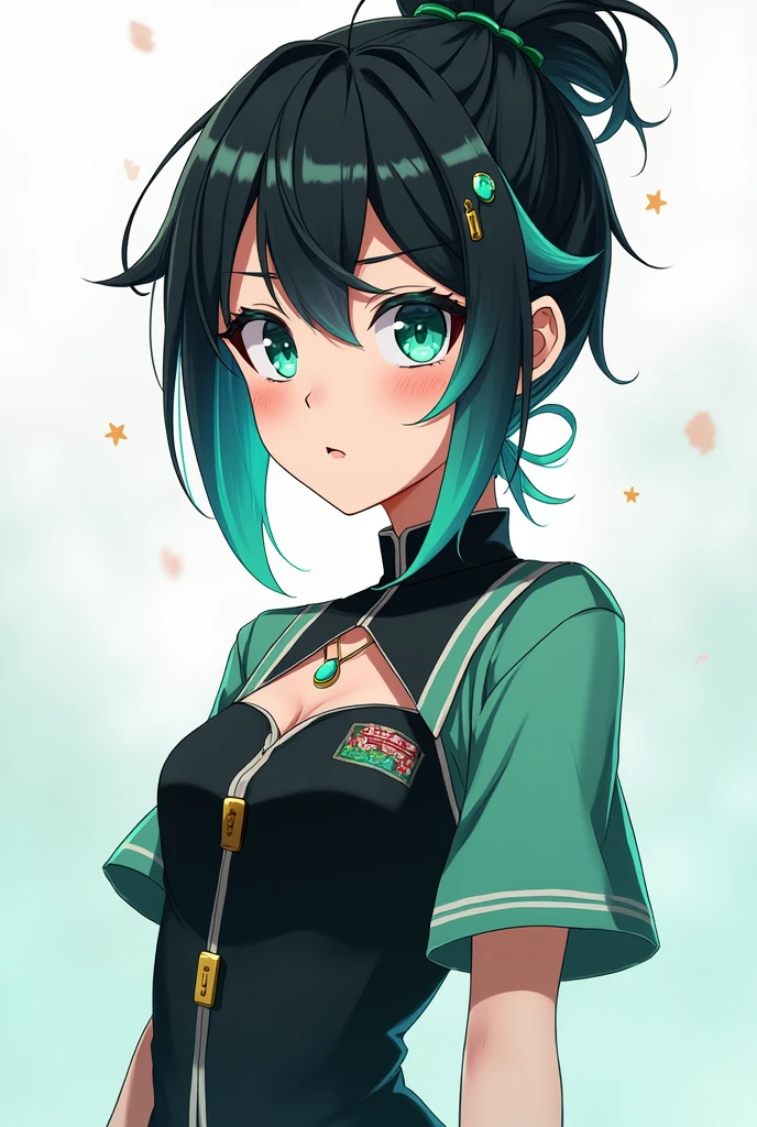 A girl in the style of the Kimetsu no Yaiba anime who has Daki makeup and short, tied-up black hair with mint-colored tips, also eyes of the same color and who has a demon hunter uniform. The uniform is the one worn by the Demon Slayer characters and has short sleeves and a low neckline.