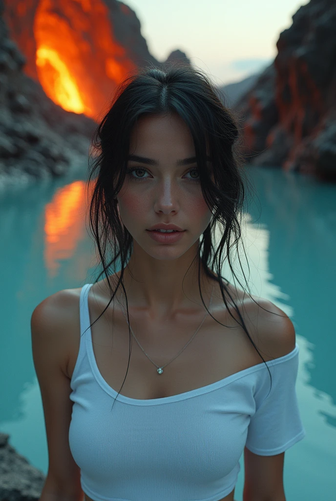 35mm photography, white cropped top, beautiful earth filled with water and lava, perfect eyes, sharp focus, 8k HD, crazy detail, intricate, Caenorhabditis elegans, atmospheric 4k hyper-detail, cinematic sensibility, sharp focus, masterpiece, color, surreal, vivid colors, (very detailed CG unity 8k wallpaper), intricate, high detail, sharp focus, realistic, symmetrical, volumetric lighting, beautiful, rich dark masterpiece, Dan Mumford and Mark M. Astrophotography in the style of Simonetti
