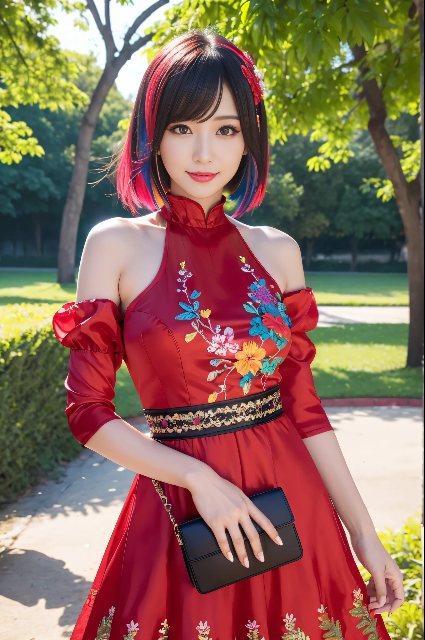 (masterpiece:1.4), (best quality:1.4), ultra high res, ultra high resolution, ((detailed facial features)), HDR, (realistic, photorealistic, photo-realistic:1.37), full body Esbian, sexy swedish model, (-anime), only 1 model, vivid colors, ((vivid colors multicolor very short hair)), sexy smile, lipgloss, long lashes, defined eyebrows, wearing large sparkling colorful jewelery, wearing a red silk Paradise Kiss cosplay dress with black floral embroidery, ((vivid colors outfit)), vivid colors, look at the camera, cinematic light, large park background with trees, sweet and sexy pose