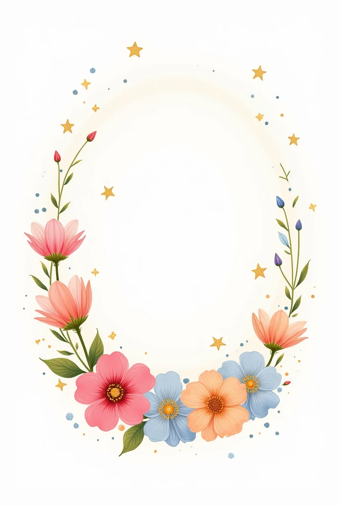 Disney Pixar type image Oval of illustrated flowers pastel colors golden stars white background