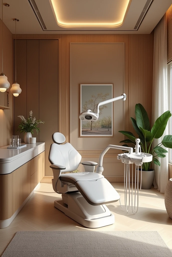Dental office with colors that generate peace and comfort, that it looks luxurious , chair where the instruments are
