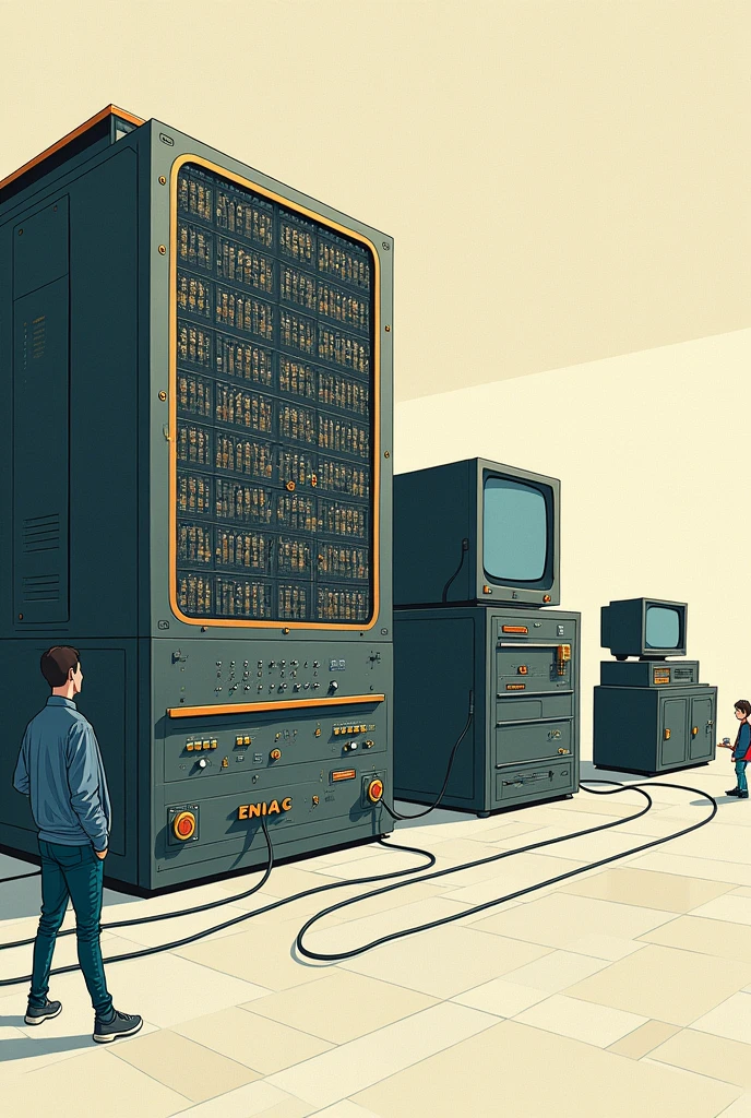 A timeline illustration showing the evolution of computers from the ENIAC to modern devices. The first part of the image shows the large, room-sized ENIAC computer with glowing tubes, then a mid-sized personal computer from the 1980s, followed by a modern laptop, and finally a current smartphone. Each computer is progressively smaller and more advanced."
