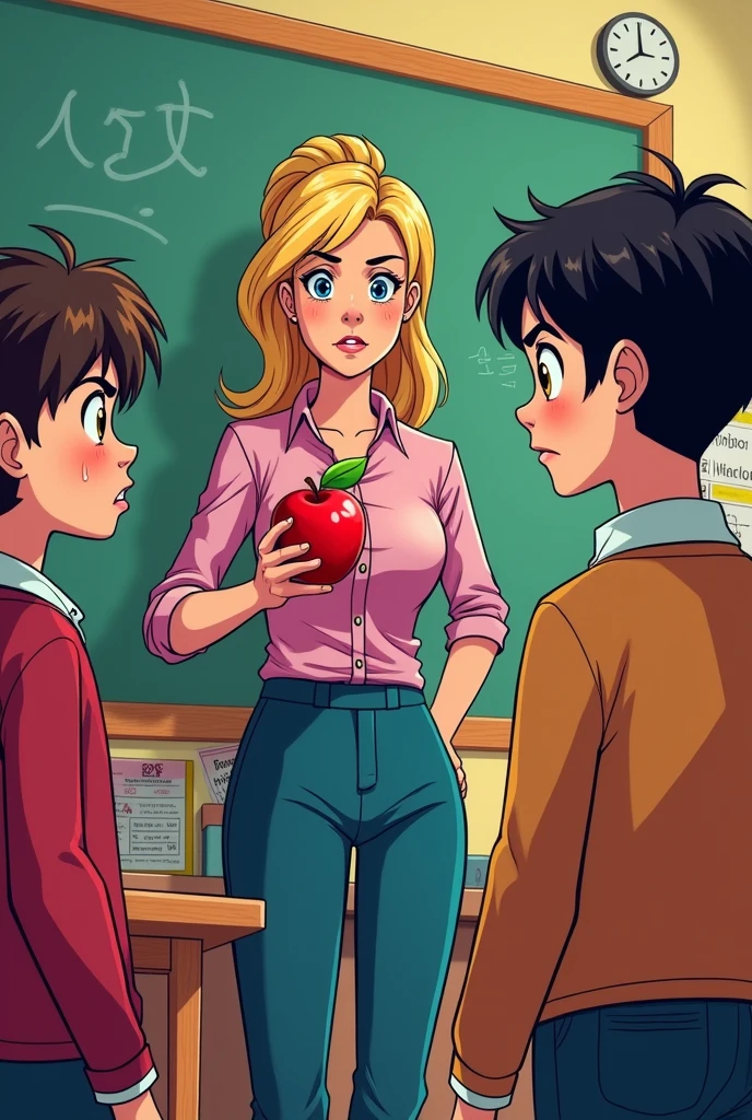 Command for Image Creation:
General Scenario: The image must show three suspicious students and a teacher, everyone in a classroom environment, with elements that suggest that one of the students is to blame for giving the teacher a rotten apple. The style of the image should follow the pattern of the previous puzzles, with vibrant colors and well-defined lines, maintaining the atmosphere of mystery.
Character 1 (Female teacher):
Description: A woman in her 40s, with her hair tied in a bun and wearing a simple dress, typical of teachers. She holds a rotten apple in one hand and has an expression of disappointment and distrust..
stance: She is standing, in front of the class, with the apple raised to eye level, as if he was showing everyone. His gaze is fixed on the students, trying to identify who was responsible.
Character 2 (Student 1):
Description: A boy about , wearing a red t-shirt and jeans. He has a nervous expression, avoiding eye contact with the teacher. His arms are crossed and he appears to be sweating., as if he was hiding something.
stance: He is standing, with uma postura defensiva, looking at the floor. His expression and body language suggest he is worried about being discovered..
Character 3 (Student 2):
Description: One approximately , wearing a blue dress and with her hair tied in two braids. She looks calm and is holding a notebook., but there is a small spot of dirt on his uniform, which could be from a piece of rotten apple.
stance: She is standing, with uma expressão neutra, looking at the teacher. Your posture is relaxed, but the stain on her uniform may indicate that she was involved.
Character 4 (Student 3):
Description: Um garoto de 10 anos, wearing a green jacket and backwards cap. He has a mischievous expression and is hiding something behind his back., possibly another apple, that appears in good condition.
stance: He is standing, with u