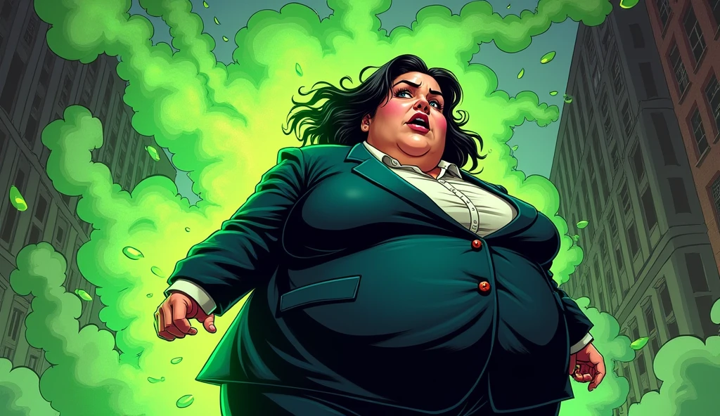 beautiful morbidly obese young female mob boss woman wearing a mobster suit farting and releasing green stinky gas from her rear, comic artstyle