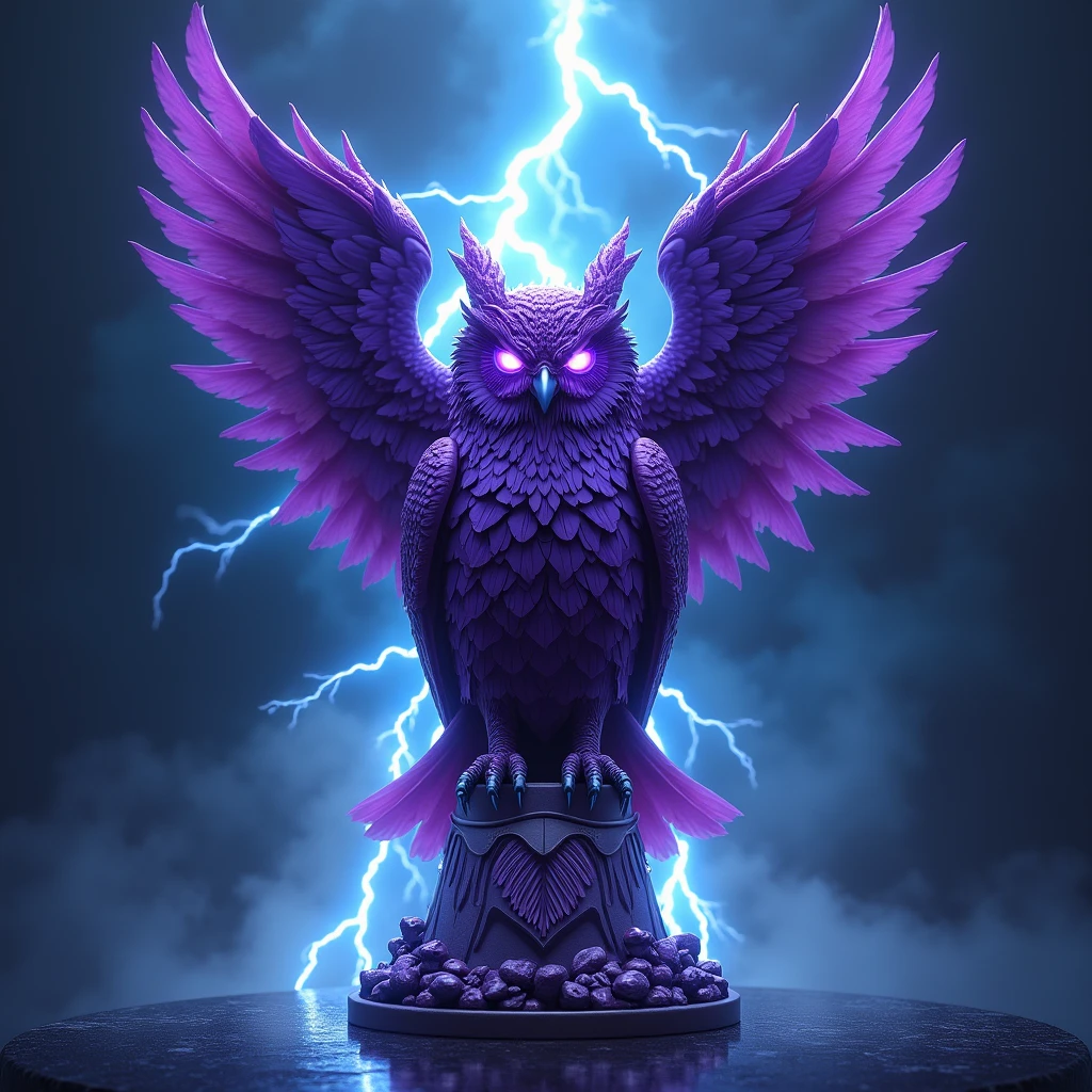 Create a purple owl-shaped trophy with lightning bolt details