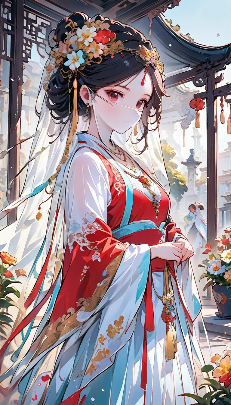 (masterpiece, best quality:1.2),  curly hair curly hair，Eyes are very fragile,Chinese Beauty,Gorgeous lace golden red Hanfu,whole body（（（Hair accessories）））（（（veil）））,necklace,garden with colorful flowers,（（（masterpiece）））, （（best quality））, （（Intricate details））,（（Surrealism））（8K）