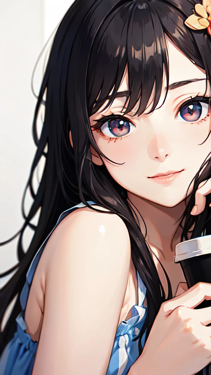 ((Highest quality)), ((masterpiece)), (detailed), One girl, Almond Eye,early morning,Close up of face,Fighting sleepiness every day, This cup will save me, Greeting a new day with a smile, The energy that coffee gives