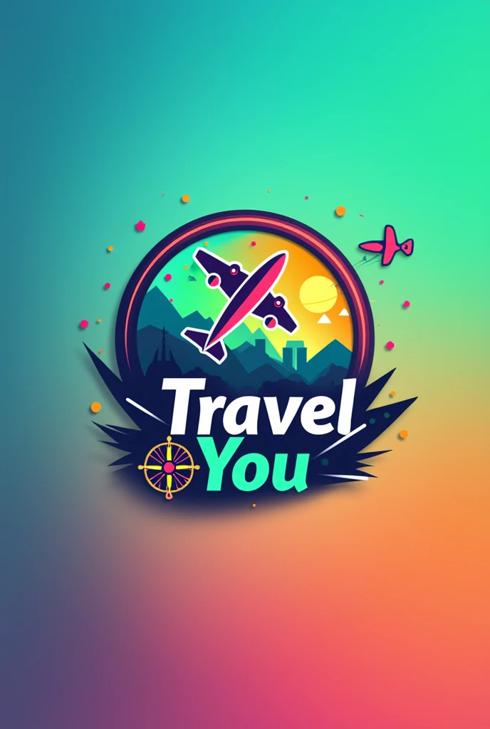 Create a travel company logo that has the name ("travel you") with plane and compass and very colorful 