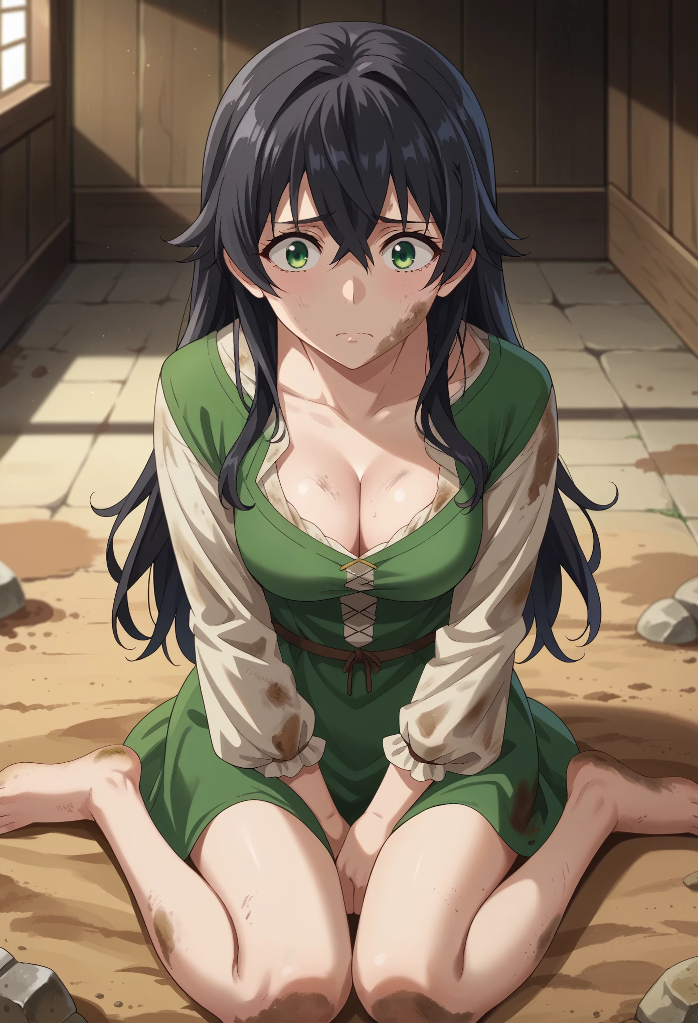 score_9, score_8_up, score_7_up, 1girl, solo, (female:1.5), female focus, iwatani naofumi, black hair, long hair, green eyes, medieval shirt, bare bottom, no pants, bare legs, long sleeves, cleavage, dirt, nervous, sitting on ground, looking a you, on a prision, dark room