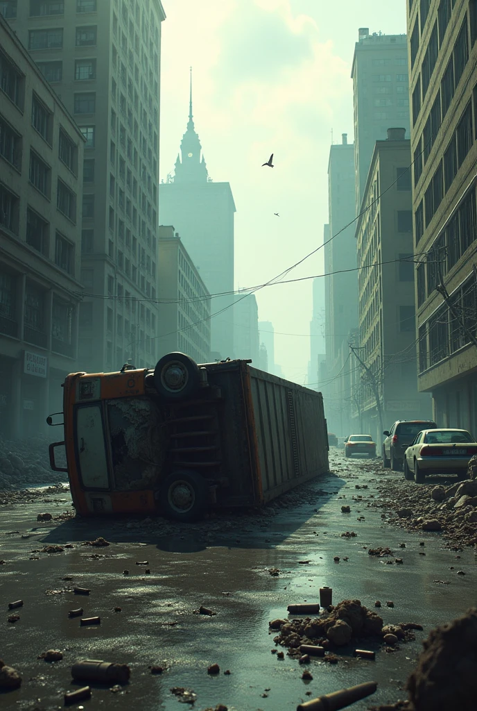 Truck overturned in the middle of the zombie apocalypse city