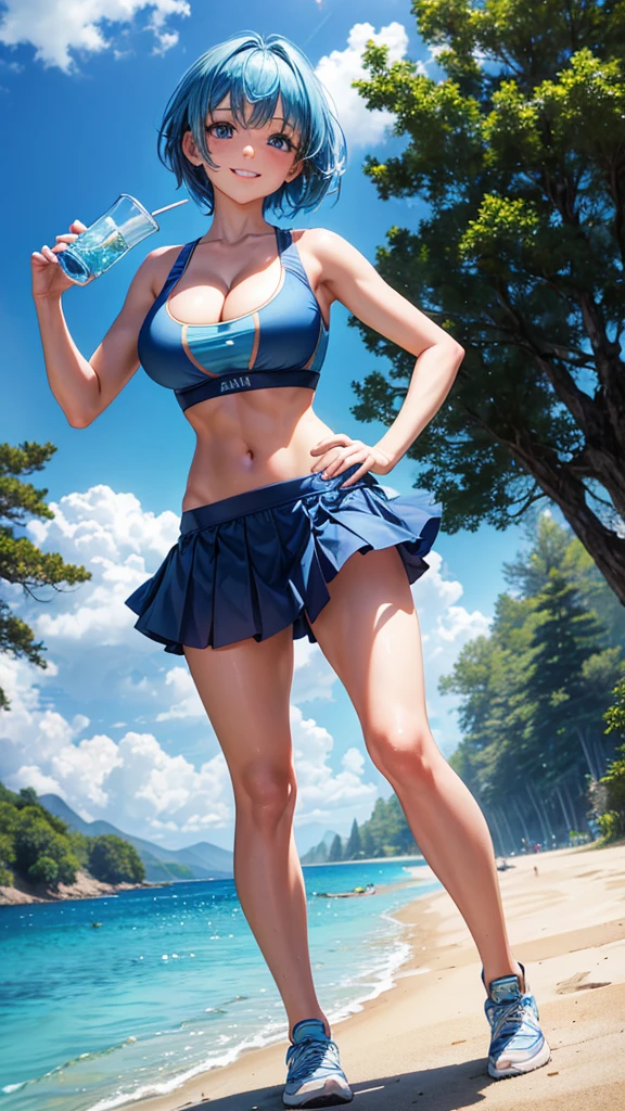 1girl, ((full body)), solo, trees, sun, clouds, summer, water, ((blue hair)), short hair, large breasts, ((blue sports bra)), water sport, ((full cleavage)), blue eyes, grin, happy, looking at the viewer, mini skirt, hair pin, drink in hand