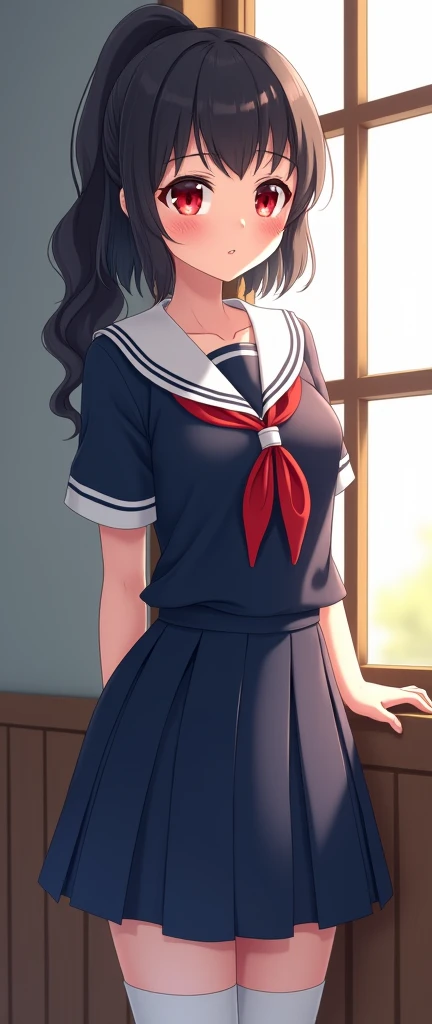 Highest quality、High resolution、Detailed Background、Realistic、Realistic、RAW Photos、Beautiful face in every detail、Highly detailed face、Detailed red eyes、Japan beautiful teenage girls、Perfect body line、Huge breasts、Black Hair、ponytail、Bobcut、Long Hair、Wavy Hairstyle、well-groomed eyebrows、Cute Lip Makeup、Calm atmosphere、A short-sleeved, shiny, dark-colored sailor suit、White sailor collar、Navy blue pleated skirt、Red ribbon、White Stockings、Standing by the window of a classroom、He looked at me with a happy expression.、Cute gestures、so beautiful