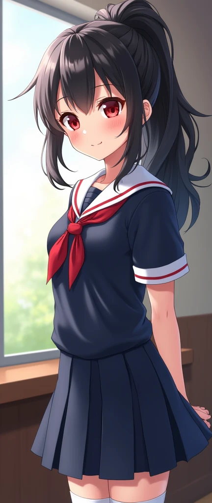 Highest quality、High resolution、Detailed Background、Realistic、Realistic、RAW Photos、Beautiful face in every detail、Highly detailed face、Detailed red eyes、Japan beautiful teenage girls、Perfect body line、Huge breasts、Black Hair、ponytail、Bobcut、Long Hair、Wavy Hairstyle、well-groomed eyebrows、Cute Lip Makeup、Calm atmosphere、A short-sleeved, shiny, dark-colored sailor suit、White sailor collar、Navy blue pleated skirt、Red ribbon、White Stockings、Standing by the window of a classroom、He looked at me with a happy expression.、Cute gestures、so beautiful
