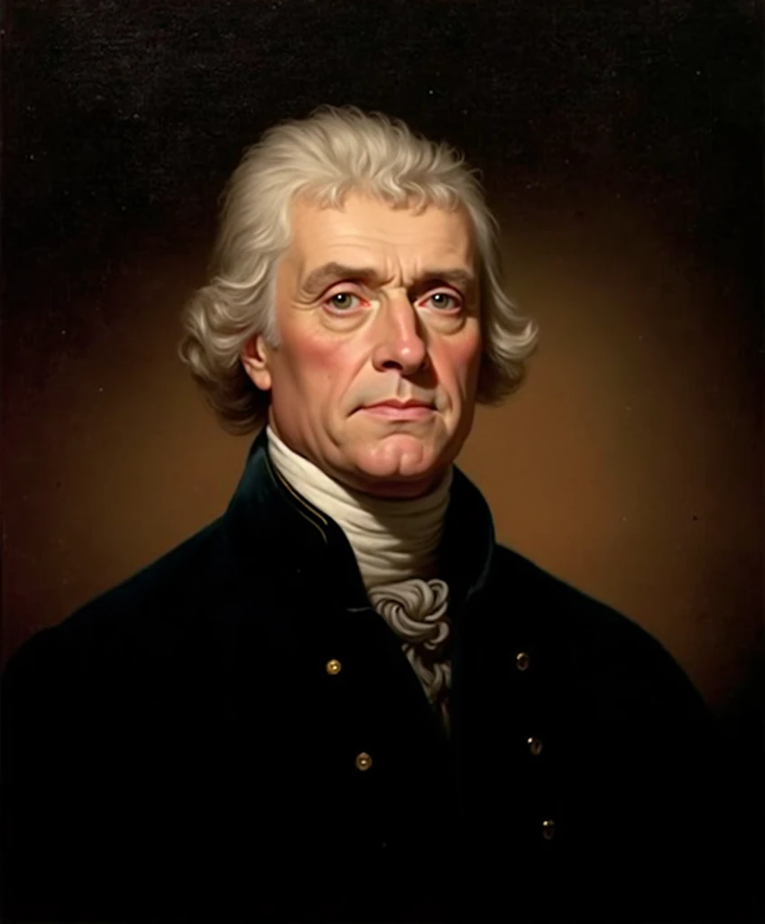 In a dimly lit chamber, reminiscent of Thomas Jefferson's private study, Thomas Jefferson himself stands majestically, gazing straight into the lens. His powdered-white wig is meticulously styled, framing his forehead and grayish-blue eyes, which appear to bore into the viewer with a keen intellect. A hint of sadness lingers in the slight downturn of his lips, although his expression remains resolute. He wears a traditional 18th-century black coat with golden embroidery, its buttons gleaming in the soft light. The coat's white collar and cuffs provide a subtle pop of contrast against the dark background, which resembles aged wood or stone. The artist's brushstrokes are evident, imparting a sense of gentle texture to the overall composition. The lighting setup is highly dimensional, with a single source - a flickering candle placed to the man's left, casting shadows on his face. The warm, golden light illuminates Thomas Jefferson's features, accentuating the ancient wisdom etched into his countenance. The color palette is muted, with earthy tones dominating the scene, except for the man's white wig and the golden embroidery on his coat, which serve as visual anchors. The film grain is subtle, adding a tactile quality to the image. The overall mood is contemplative, inviting the viewer to step into the quiet reverie of Thomas Jefferson's thoughts.