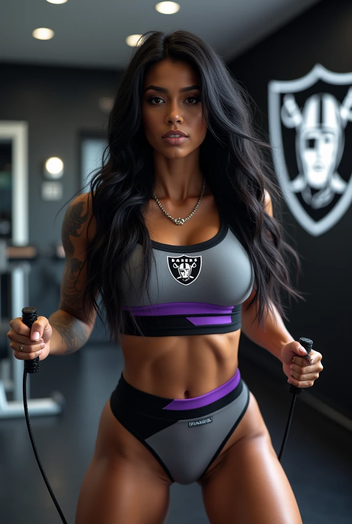 a dark sun Puerto Rican female, dimples, braces,  extremely long medium messy black straight hair with perfect slicked edges, butterfly arm tattoo,, with a chain that says “Dynasty” , wearing a grey and black and purple workout outfit that says Raiders, inside of a luxurious & high tech  gym with modern equipment, the walls are black with the raiders branding and she is doing jump rope