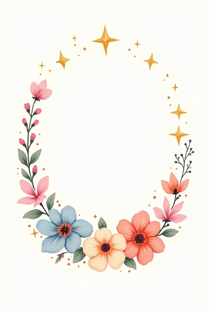 Disney Pixar type image Oval of illustrated flowers pastel colors golden stars white background 