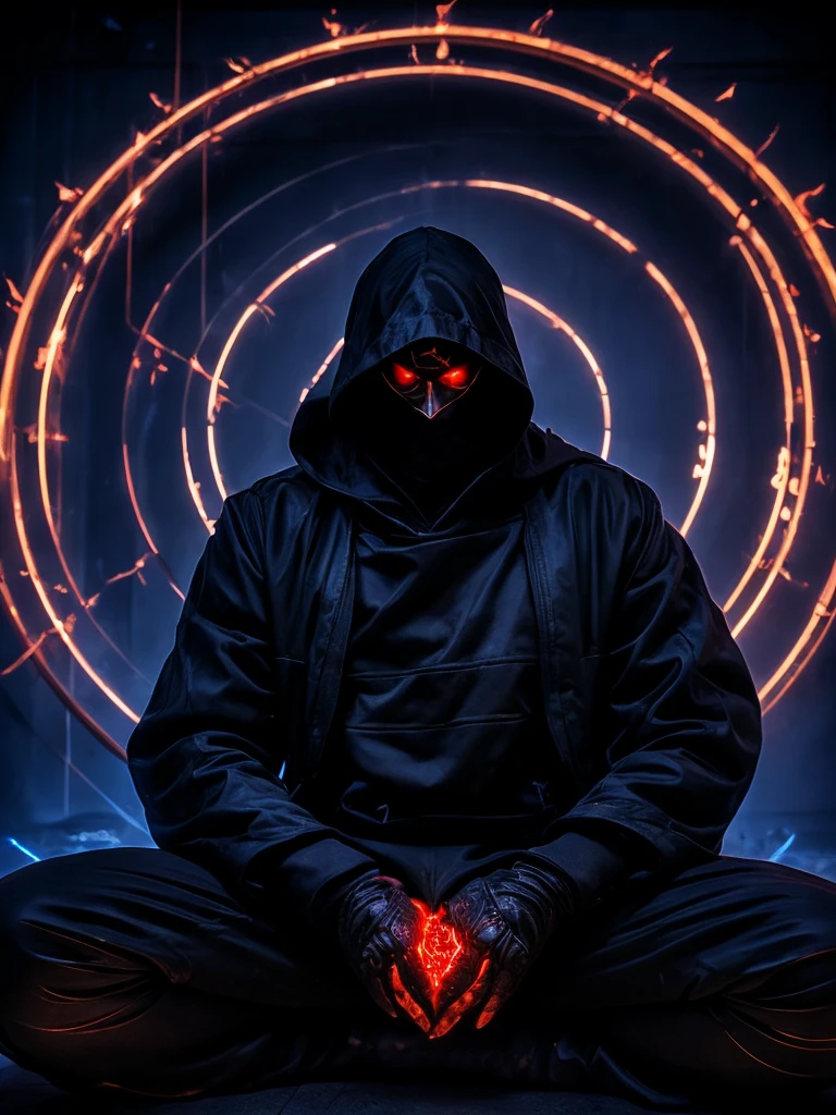 A shadowy character wearing a dark hooded jacket and a face covered by a glowing mask with a terrifying pattern of red eyes and a sinister smile in the form of glowing white stitching.. He is sitting in a relaxed manner in front of a metal fence, with a carefree but intimidating posture. The background is dark with a blue night sky, and the lighting dramatically highlights the shine of his eyes and mouth, while little red sparks float in the air, adding a tense and urban atmosphere. The style is dark and aggressive, with a cyberpunk and vigilante aesthetic, conveying a sense of latent danger.