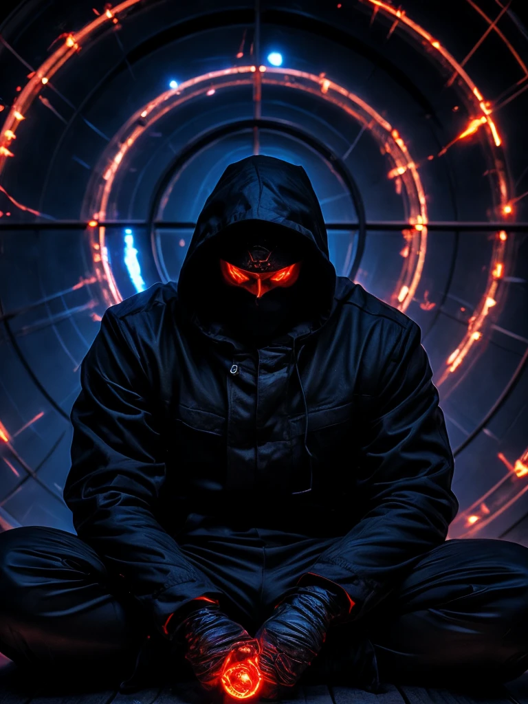 A shadowy character wearing a dark hooded jacket and a face covered by a glowing mask with a terrifying pattern of red eyes and a sinister smile in the form of glowing white stitching.. He is sitting in a relaxed manner in front of a metal fence, with a carefree but intimidating posture. The background is dark with a blue night sky, and the lighting dramatically highlights the shine of his eyes and mouth, while little red sparks float in the air, adding a tense and urban atmosphere. The style is dark and aggressive, with a cyberpunk and vigilante aesthetic, conveying a sense of latent danger.