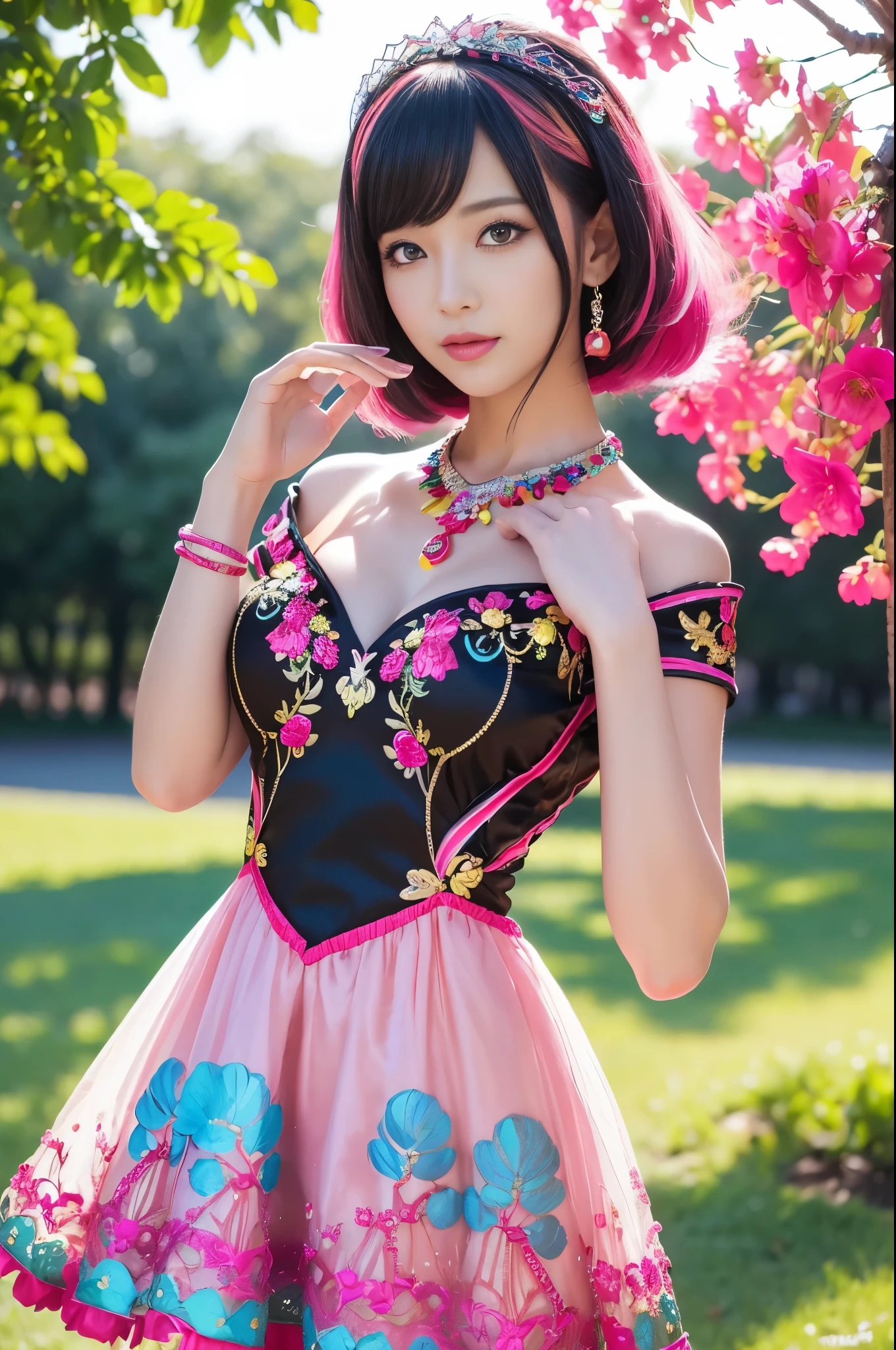 (masterpiece:1.4), (best quality:1.4), ultra high res, ultra high resolution, ((detailed facial features)), HDR, (realistic, photorealistic, photo-realistic:1.37), full body Esbian, sexy swedish model, (-anime), only 1 model, vivid colors, ((vivid colors colorful (pink, lime, light blue) very short hair)), sexy smile, lipgloss, long lashes, defined eyebrows, wearing large sparkling colorful jewelery, wearing a red silk Paradise Kiss cosplay dress with black floral embroidery, ((vivid colors outfit)), vivid colors, look at the camera, cinematic light, large park background with trees, sweet and sexy pose