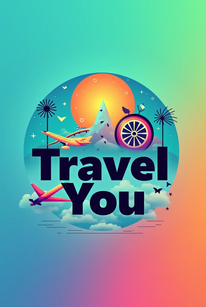 Create a travel company logo that has the name ("travel you") with plane and compass and very colorful