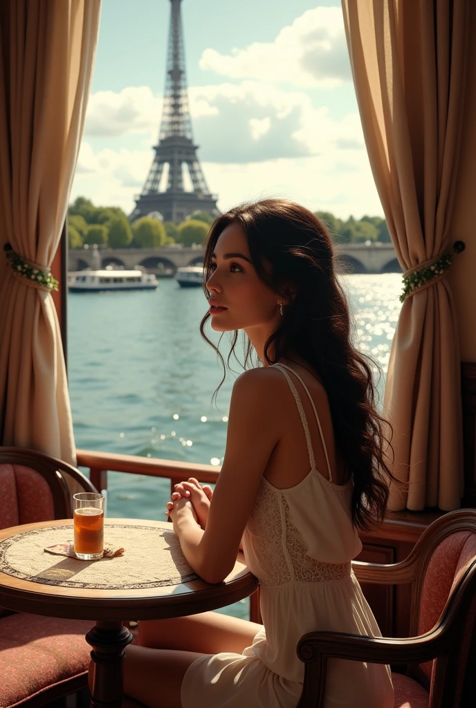 femme brune, ultra-realistic, visage madison beer, on a houseboat, sur la seine, trait du visage fin, Slender leg, At the table with a view of the Eiffel Tower, Ultra-realistic sets