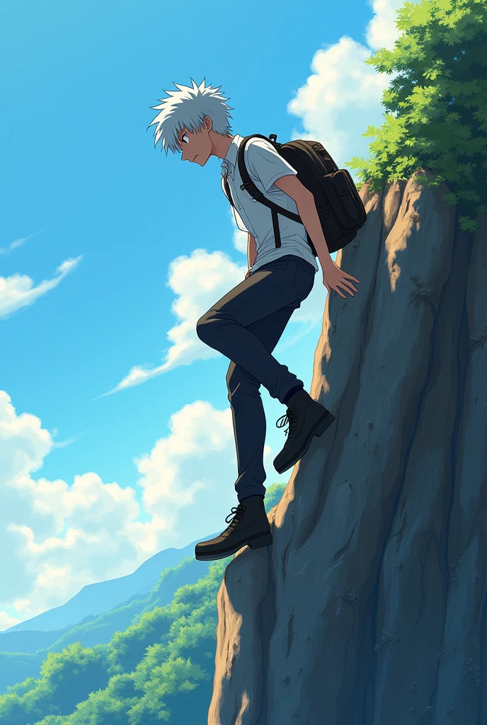 Sakata Gintoki from Gintama, modern stylish uniform climbing a cliff carrying a backpack, bright afternoon. Sky. scenery,Close up image, taken from the bottom side