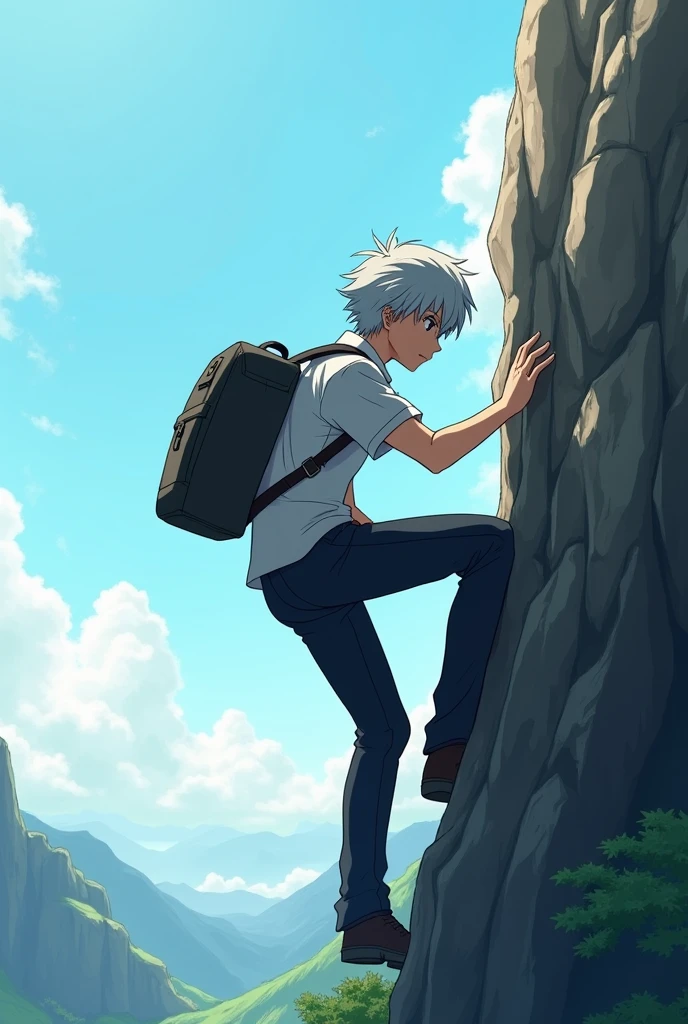Sakata Gintoki from Gintama, modern stylish uniform climbing a cliff carrying a backpack, bright afternoon. Sky. scenery,Close up image, taken from the bottom side