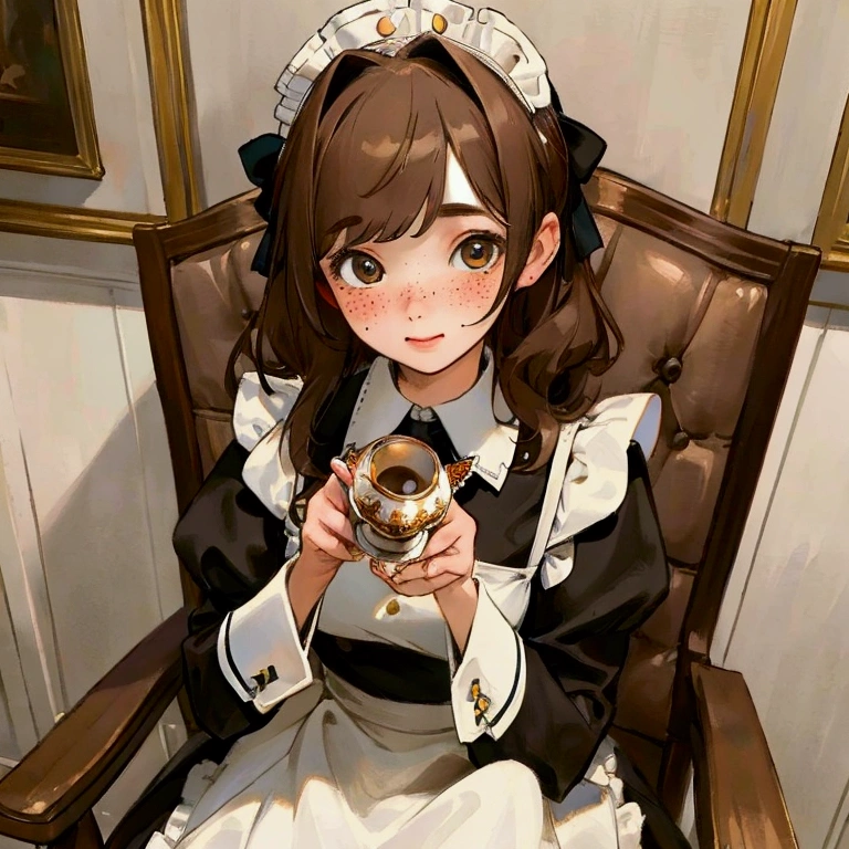 ((best quality)), ((masterpiece)), (detailed), 1girl, holding teacup, maid dress, sitting on chair, light brown hair, freckles