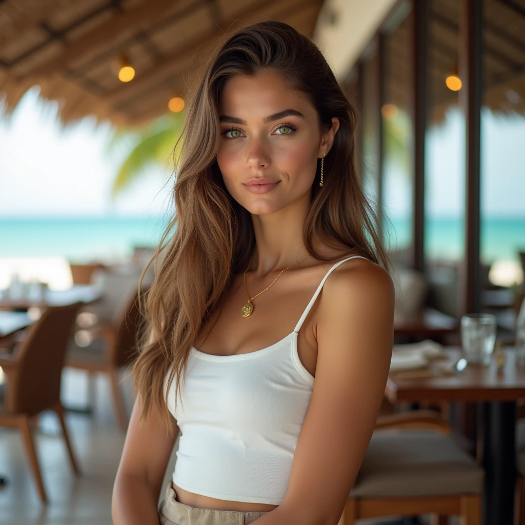 [beautiful young woman], [green eyes], [straight brown hair with frizz], [perfect hands], [white tank top], [beige skirt], [gold necklace], [restaurant on the beach], professional, (4k image: 1.1), (Sharp Focus:1.3)