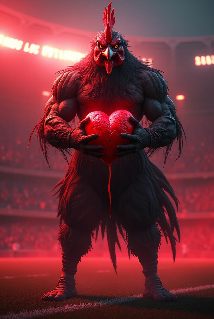 an avenging and strong rooster in a human body in completely with a pulsing vein, he will be on a soccer field that in the background will be lit with red neon. In his hands the rooster will be holding a real heart with blood flowing out.