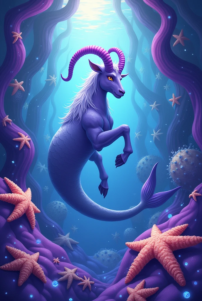 Capricorn in waves of purple, shiny starfish underwater