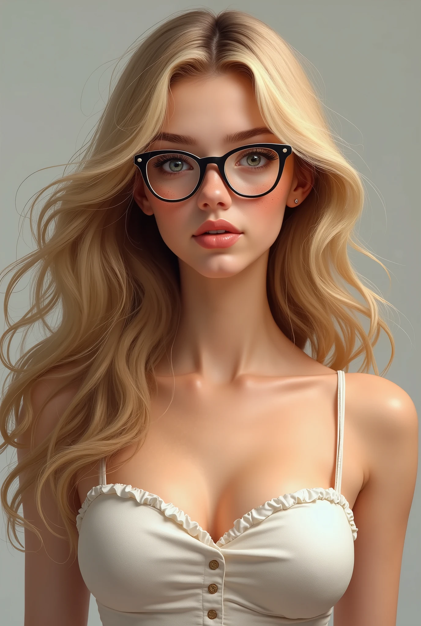 Blonde hair. Perfect skin. Freckles. Square glasses. Big boobs