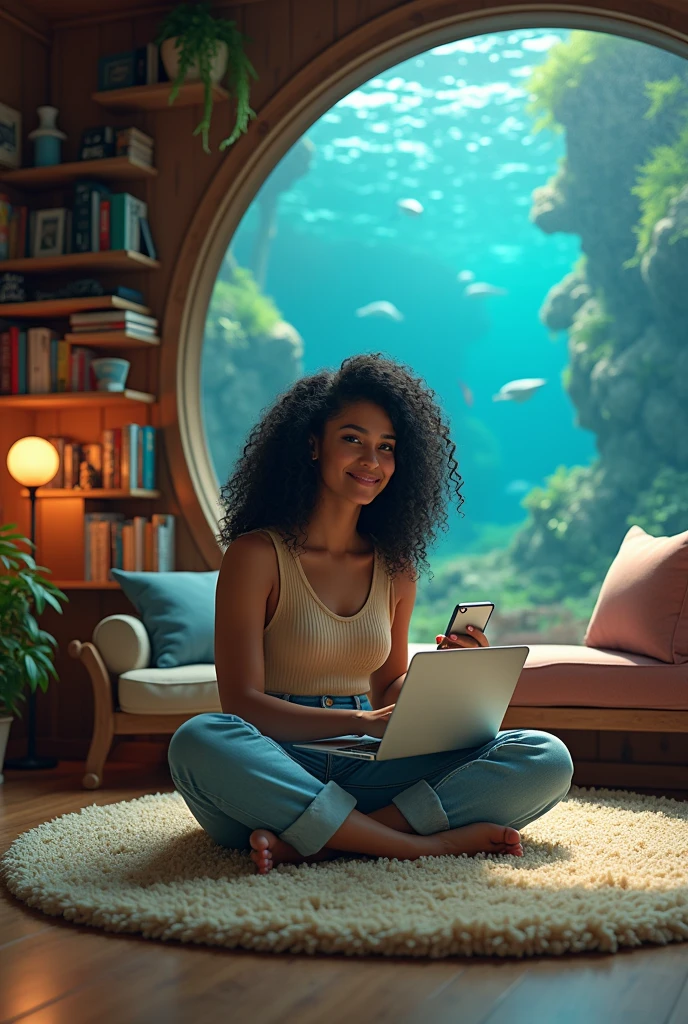 realistic photo of a (pretty girl, 20 years old, brunette, black eyes) into a huge undersea habitat a glass dome, (full lips) , ((perfect face)), [[mild smile]], proportionate body,mixed herritage, beautyfull, beautyfull face, tanned skin, two arms, two legs, five fingers by hand, full body, (curly black long hair), casual clthing, girl seat at floor at carpet, cosy casual room into the dome, baffle, shelf with books and collectibles, notebook pc at floor, cellphone at hand, sealife outside room but dry into thanks the glasss
