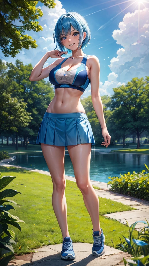 1girl, ((full body)), solo, trees, sun, clouds, summer, water, ((blue hair)), short hair, large breasts, ((blue sports bra)), water sport, ((full cleavage)), blue eyes, grin, happy, looking at the viewer, mini skirt, hair pin, drink in hand, hand on hip