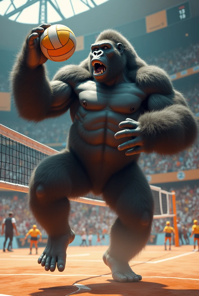 muscular gorilla playing volleyball in athletics championship